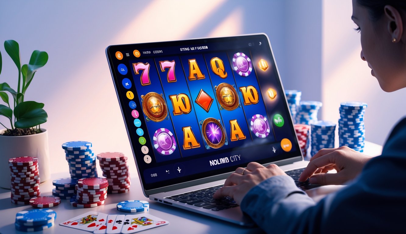 Seorang pemain menggunakan laptop dengan tampilan permainan slot yang berwarna-warni dan simbol berputar, dikelilingi oleh tumpukan chip poker dan kartu remi.