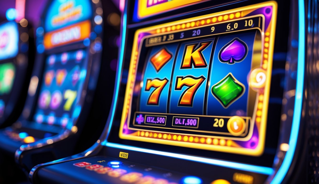 Mesin slot digital berwarna cerah dengan simbol yang menyala di dalam kasino modern.