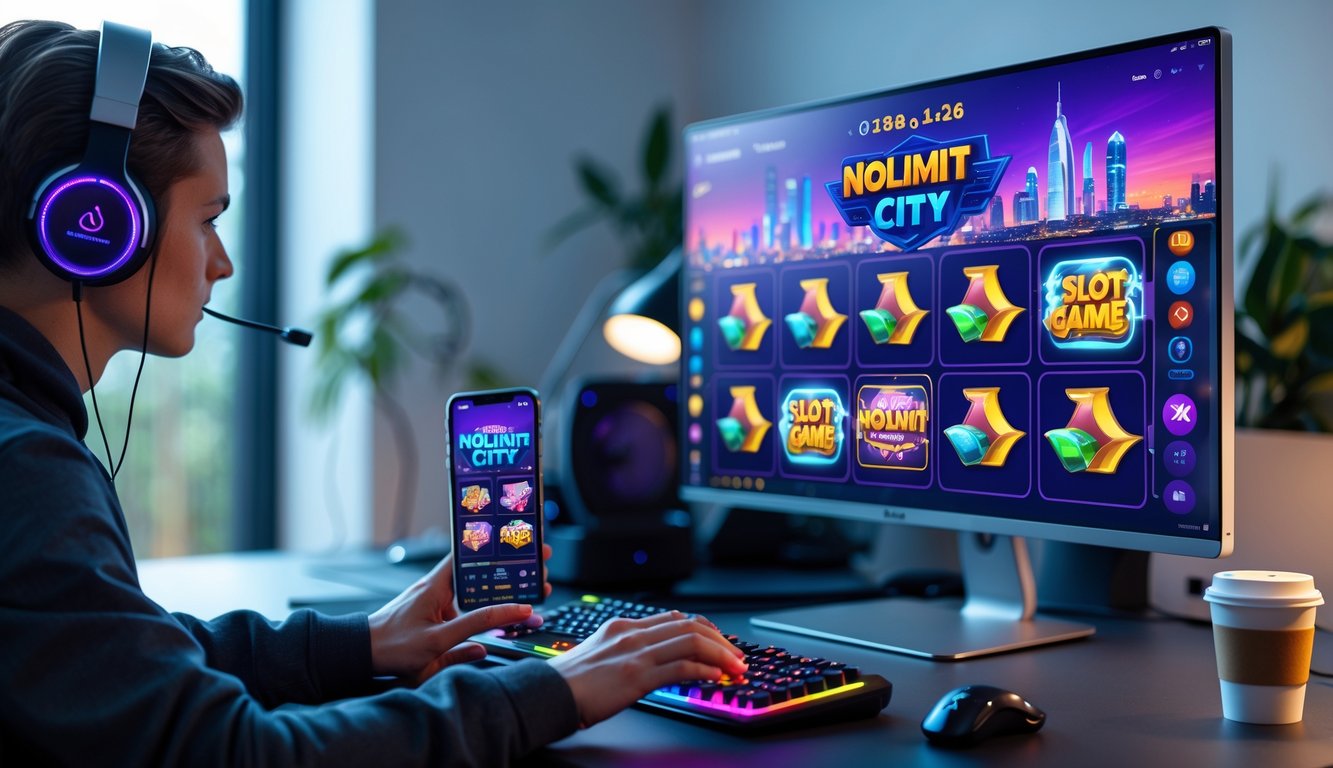 Seorang pemain sedang menggunakan komputer dan ponsel untuk bermain game slot online di sebuah ruang kerja modern.