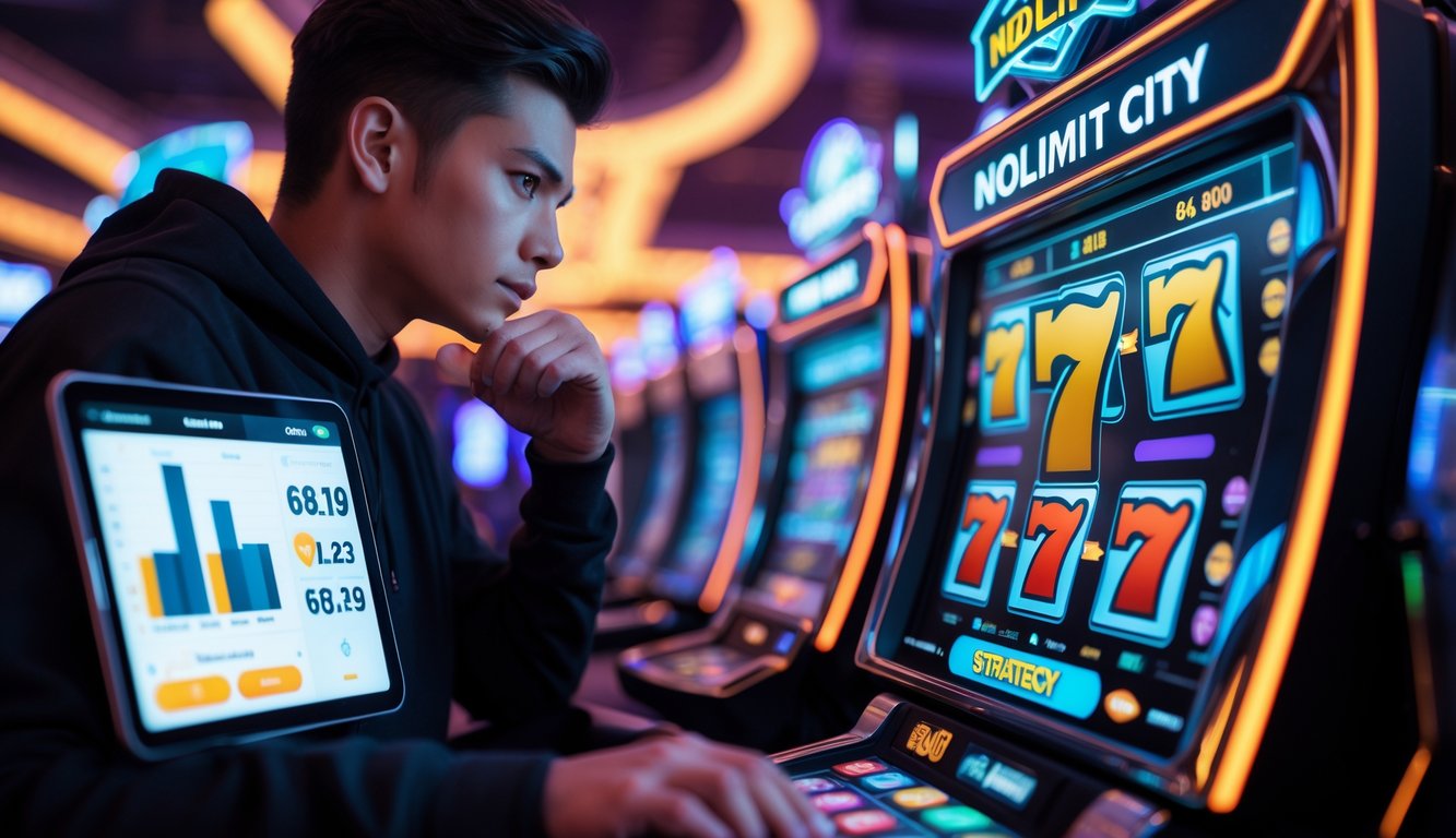 Seorang pemain muda fokus di depan mesin slot digital di kasino modern dengan suasana futuristik dan lampu neon.