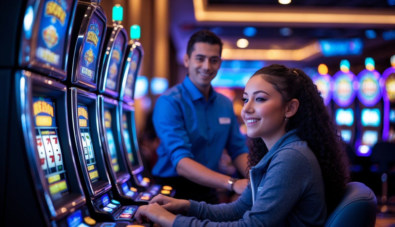 Seorang pemula sedang bermain mesin slot di kasino yang terang dan ramai pada malam hari dengan staf kasino yang ramah membantu.