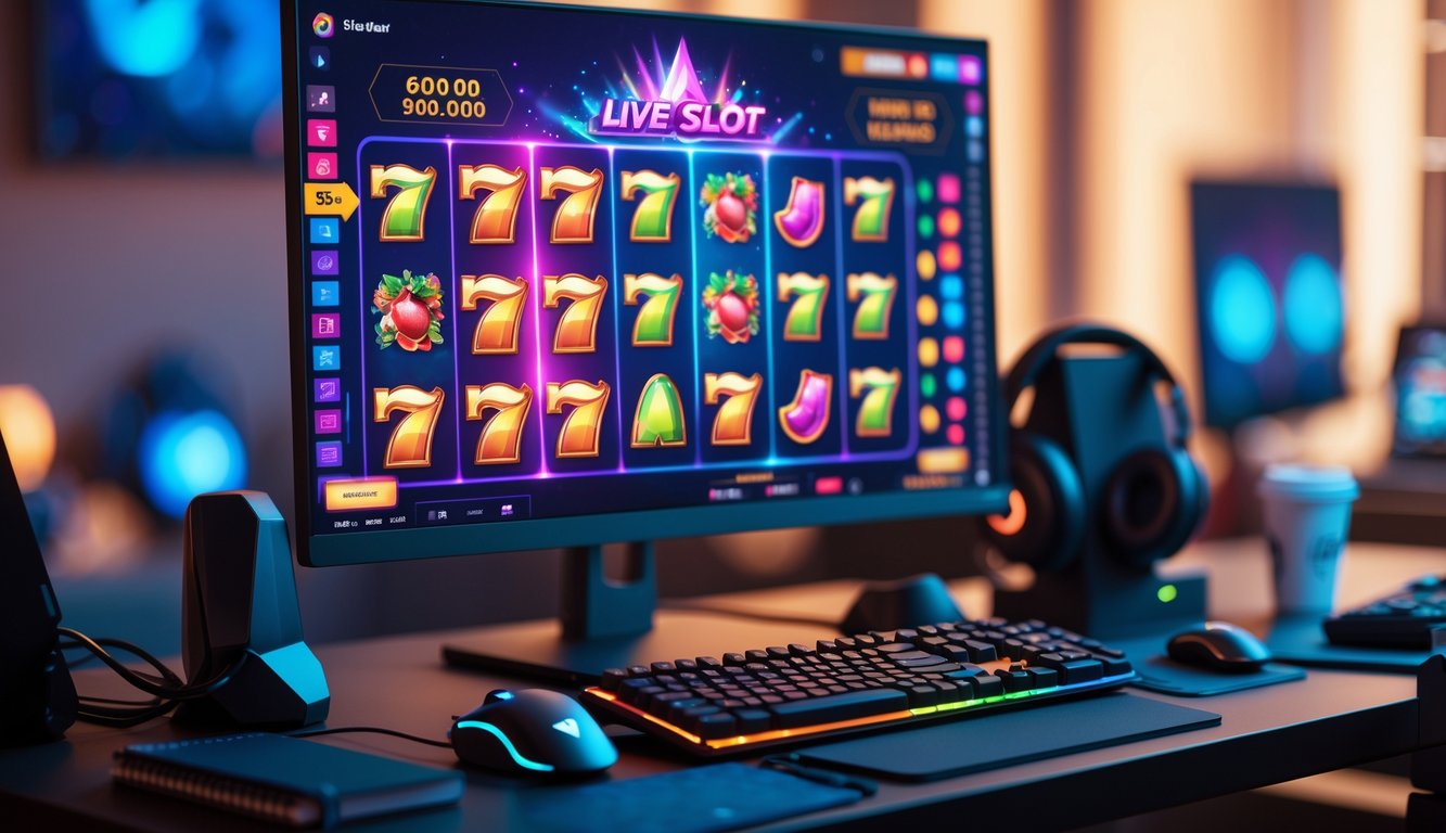 Sebuah setup permainan modern dengan monitor menampilkan grafik mesin slot yang berputar, dilengkapi dengan keyboard, mouse, dan headphone di atas meja.