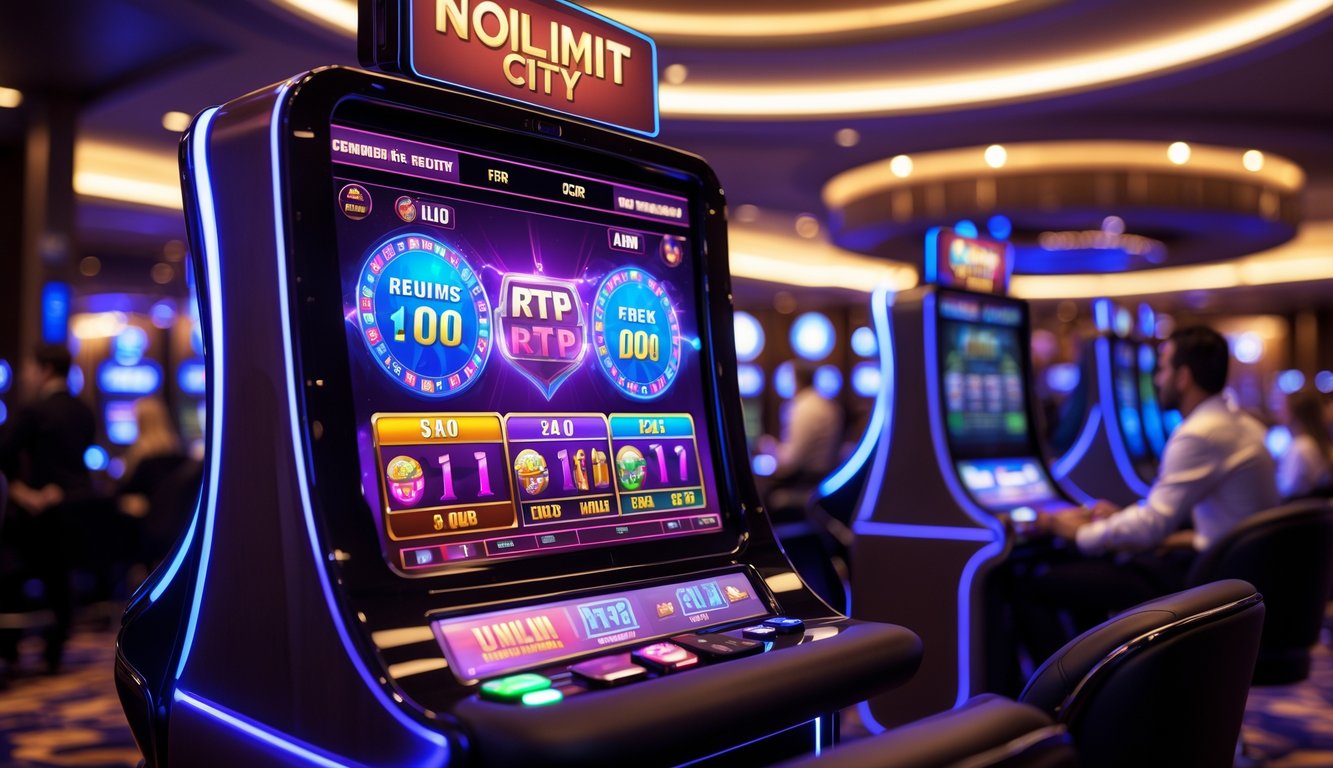 Suasana kasino modern dengan mesin slot digital Nolimit City yang menyala dan beberapa pemain sedang bermain.