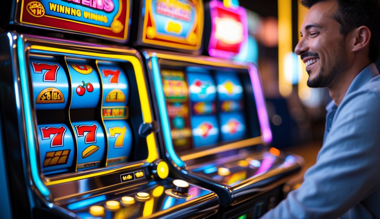 Mesin slot modern dengan simbol kemenangan dan seorang pemain yang terlihat santai dan bahagia di latar belakang kasino.