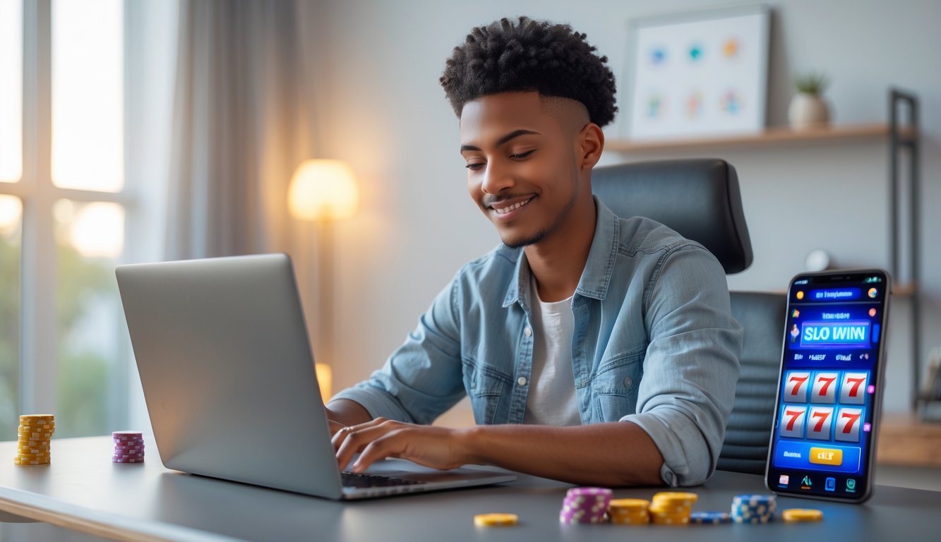 Seorang dewasa muda duduk di meja dengan laptop, fokus bermain permainan slot online di ruang kerja yang nyaman dan terang.