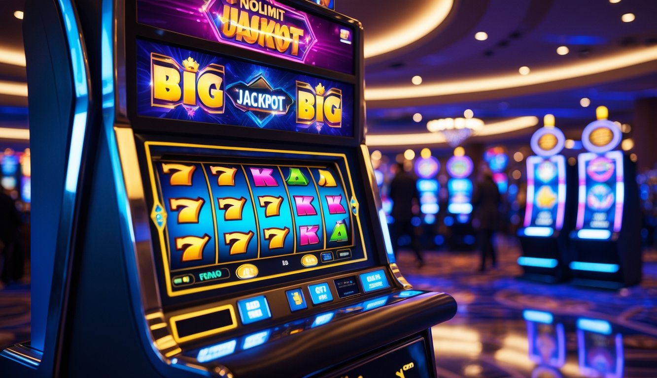 Mesin slot modern di lantai kasino yang cerah dengan suasana penuh semangat dan peluang jackpot besar.