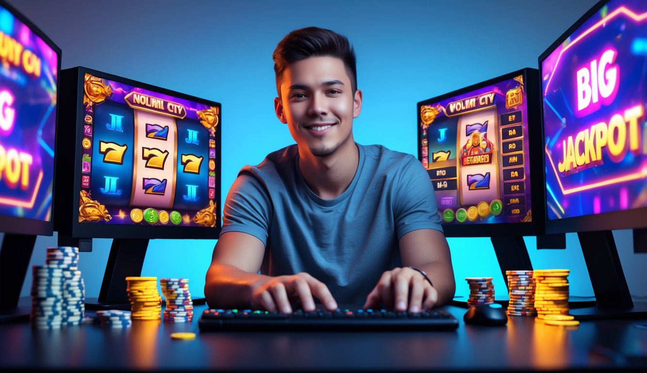 Seorang pria muda duduk di depan komputer dengan layar menampilkan permainan slot yang berwarna-warni, terlihat fokus dan percaya diri dalam suasana permainan kasino digital.
