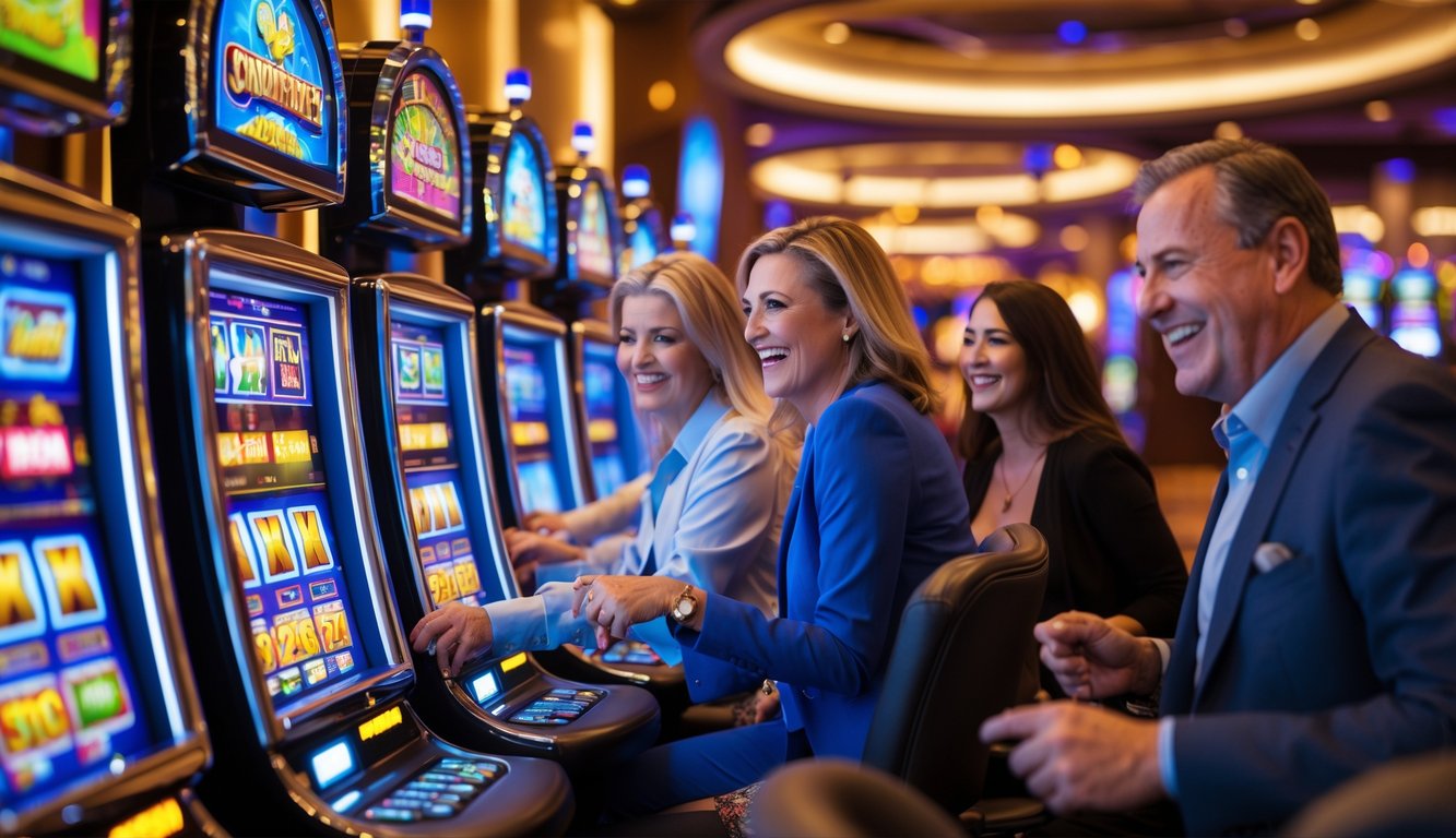 Beberapa orang dewasa bermain mesin slot berwarna-warni di dalam kasino dengan pencahayaan hangat dan suasana yang menyenangkan.