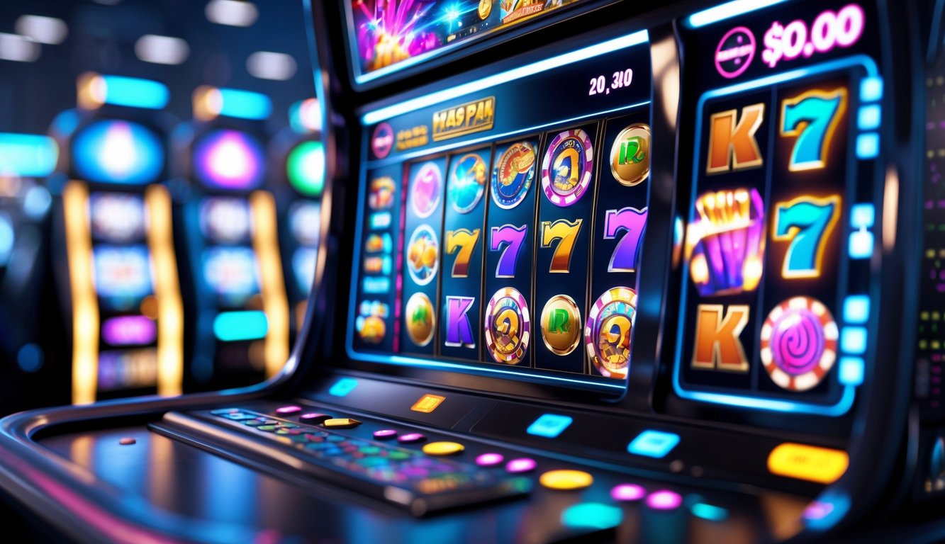 Suasana kasino online dengan mesin slot digital yang menampilkan gulungan warna-warni dan efek kemenangan.