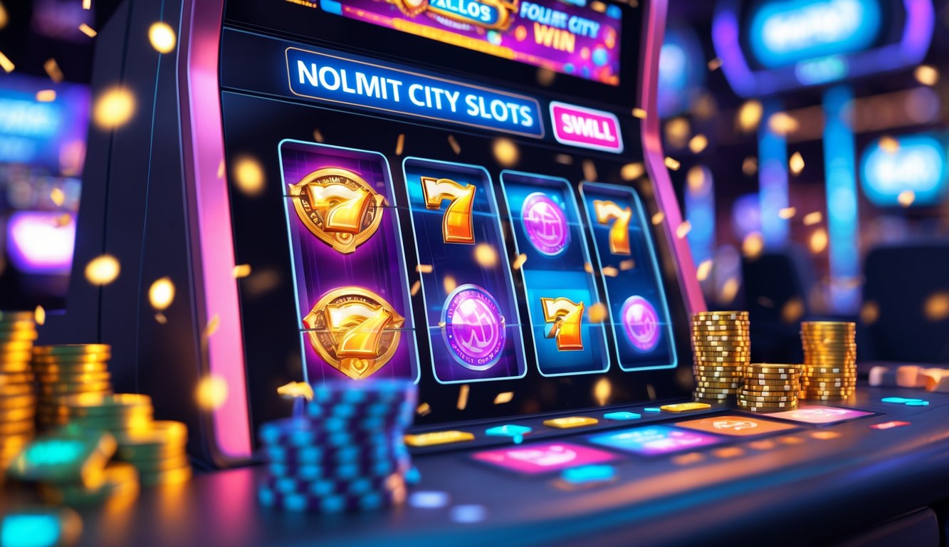 Sebuah mesin slot digital modern dengan gulungan berwarna cerah dan elemen koin serta chip yang berkilauan di latar belakang kasino yang ramai.