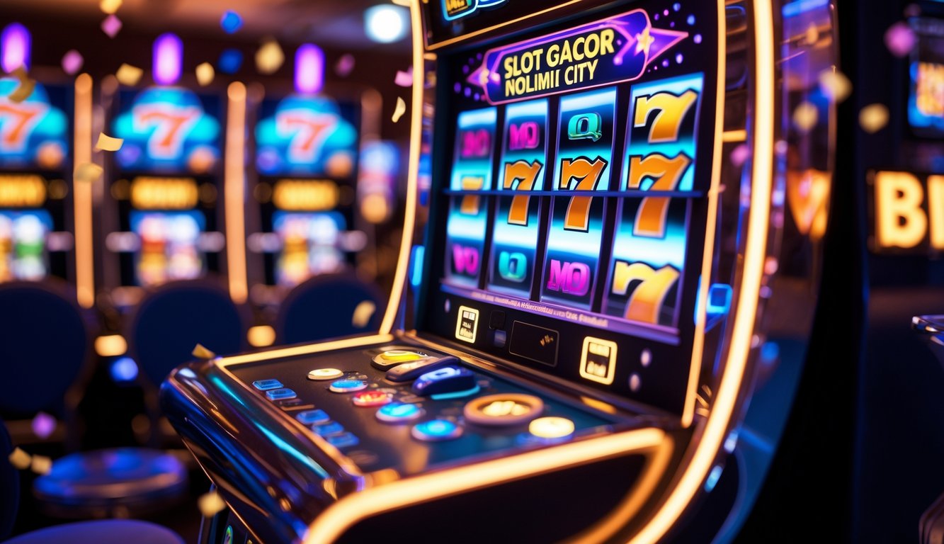 Mesin slot modern dengan gulungan berwarna-warni yang menunjukkan simbol kemenangan dan lampu berkilauan di latar belakang kasino.