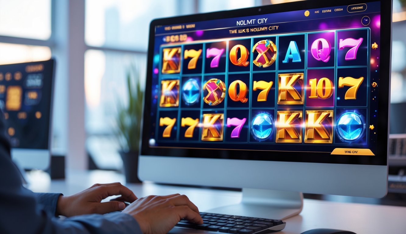 Seseorang sedang bermain permainan slot online terbaru di komputer di sebuah kantor modern.