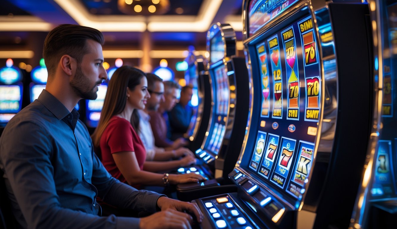Beberapa orang sedang bermain mesin slot di kasino dengan tampilan mesin slot yang berwarna-warni dan suasana yang cerah.