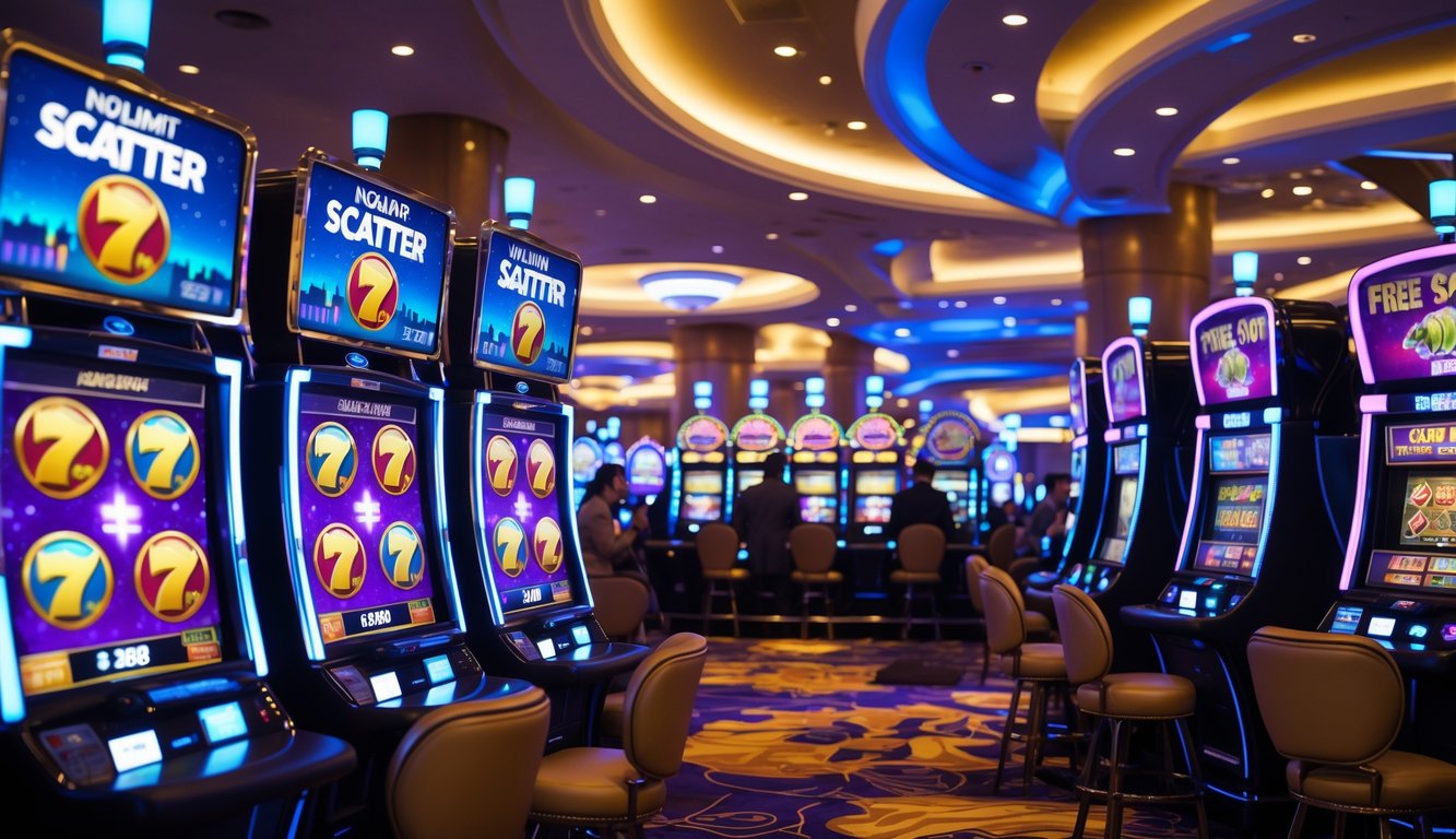 Area mesin slot di kasino dengan mesin slot Nolimit City yang menampilkan simbol scatter dan fitur putaran gratis, beberapa pemain sedang bermain.