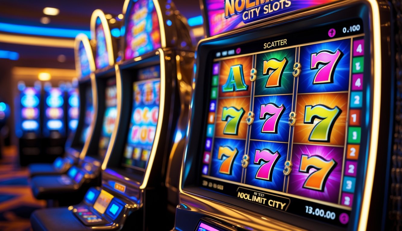 Gambar mesin slot kasino dengan layar berwarna menampilkan simbol scatter dan putaran gratis dalam suasana kasino modern.