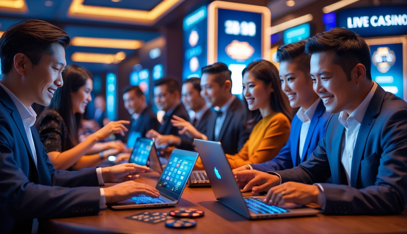 Orang-orang bermain permainan kasino langsung secara online menggunakan laptop dan ponsel di suasana yang cerah dan modern.