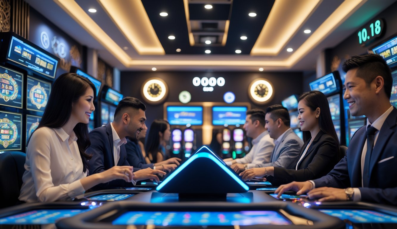 Orang-orang bermain permainan kasino online di lingkungan modern dengan suasana profesional dan teknologi tinggi.