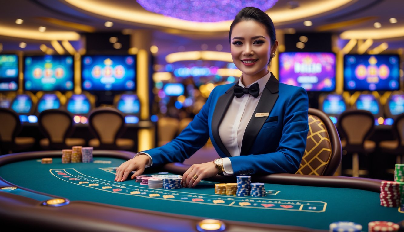 Seorang dealer kasino tersenyum di meja kasino dengan kartu dan chip, latar belakang menampilkan layar permainan kasino langsung dan lampu warna-warni.