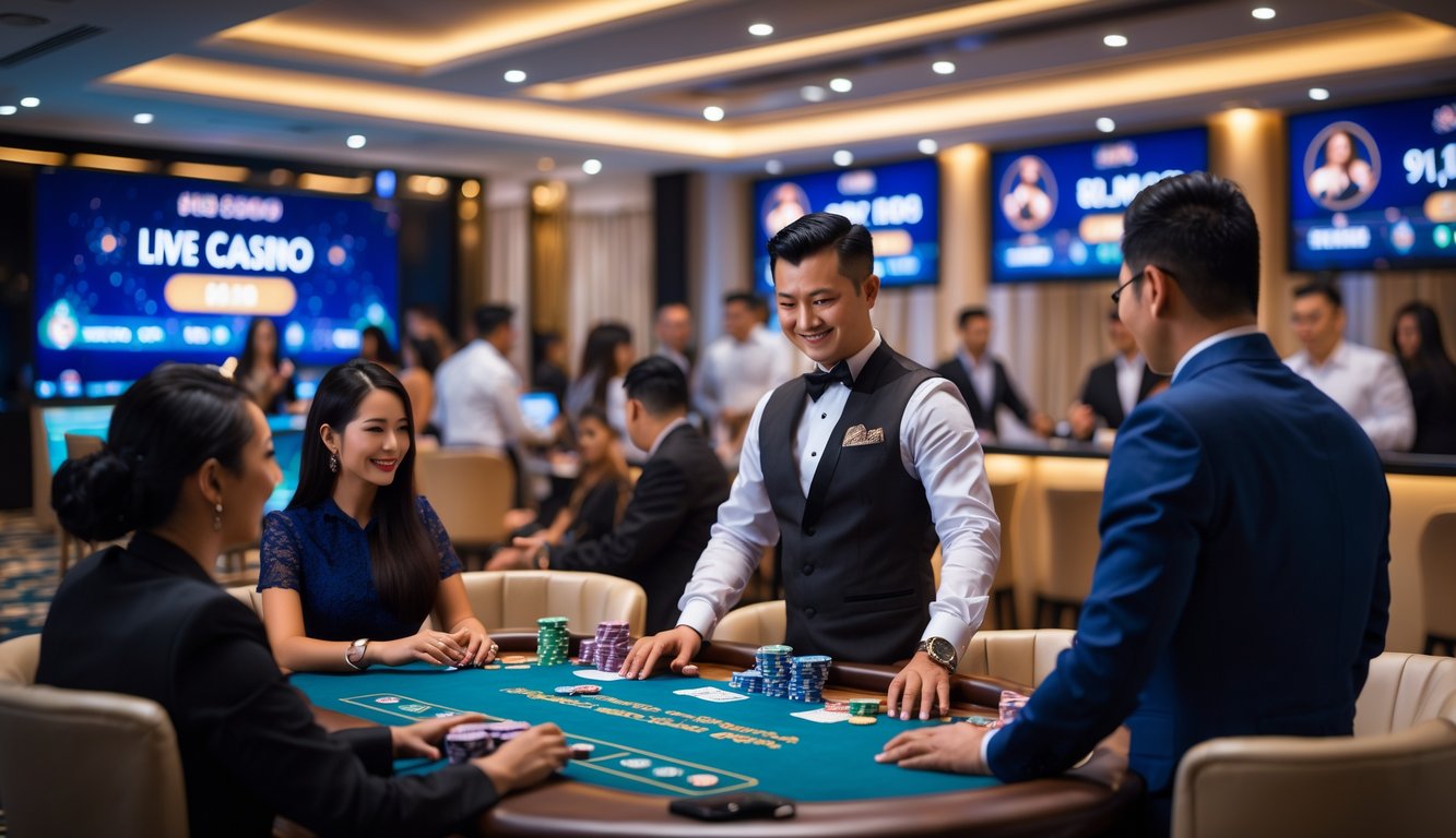 Suasana kasino langsung yang mewah dengan dealer dan pemain yang sedang bermain di meja kasino.