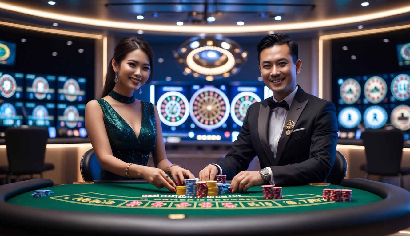 Seorang dealer pria dan wanita di meja kasino dengan kartu dan chip, di studio kasino modern dengan layar streaming permainan langsung.