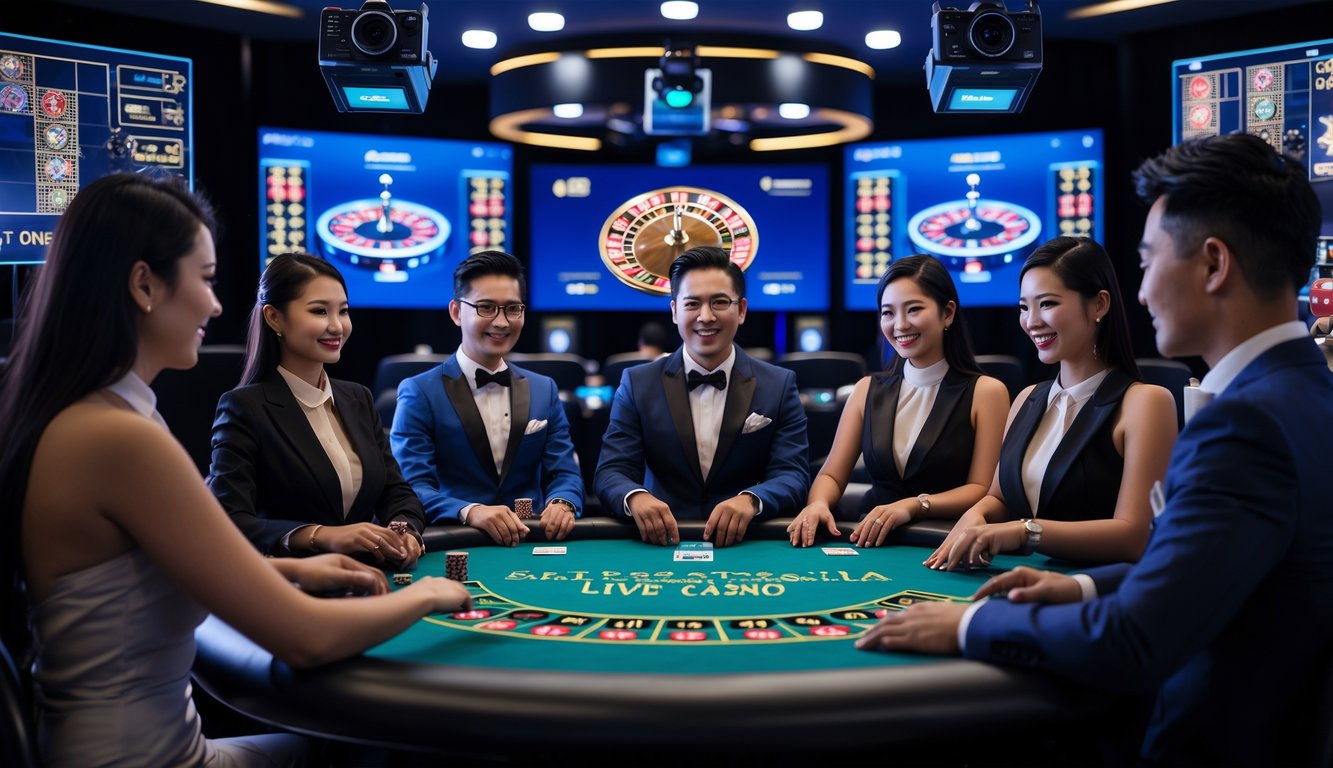 Seorang dealer kasino langsung yang profesional sedang bekerja di depan kamera dengan latar belakang layar permainan kasino online.