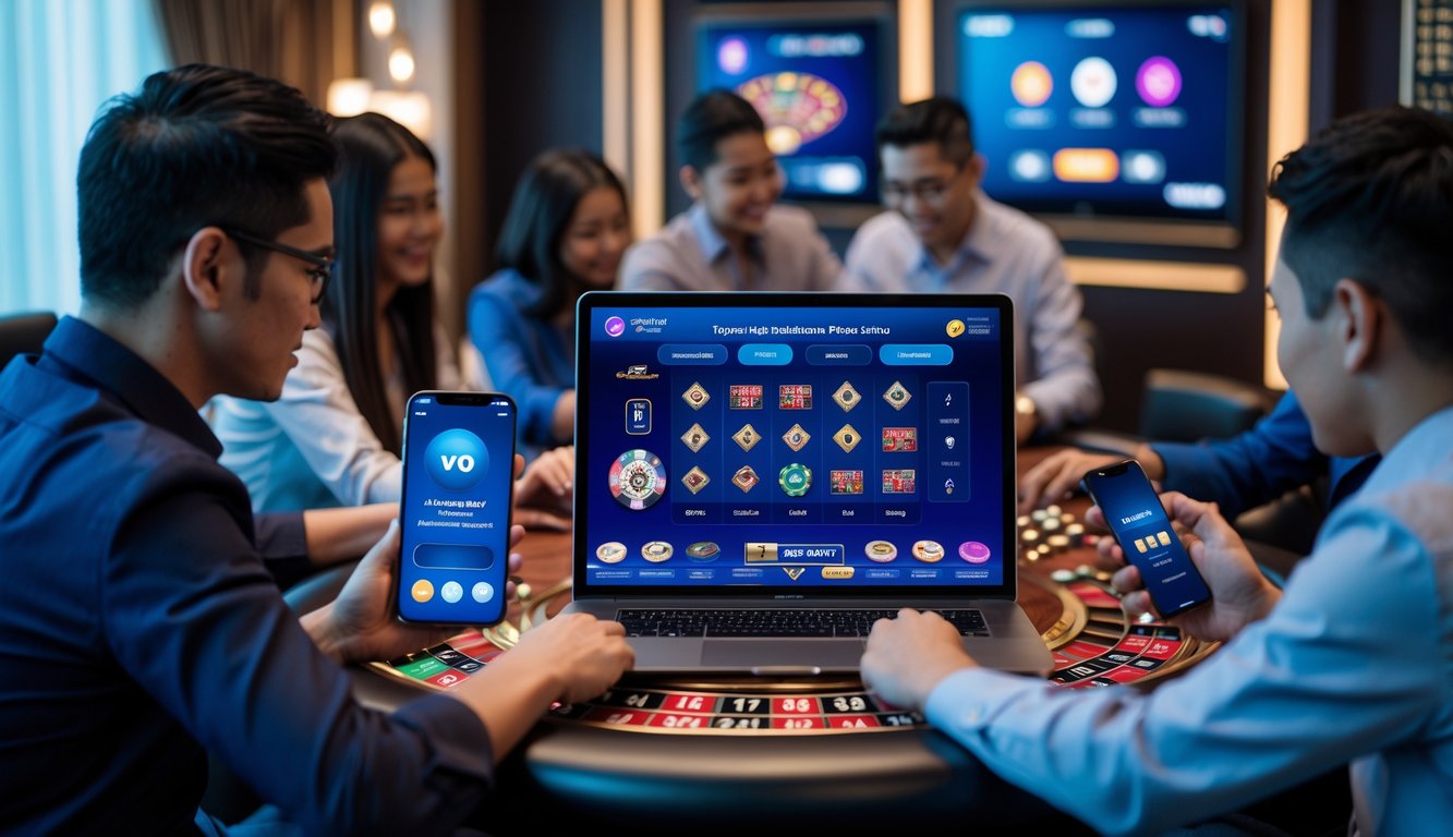 Orang-orang menggunakan laptop dan ponsel untuk bermain kasino online dengan suasana nyaman dan elemen pembayaran digital Dana dan OVO.