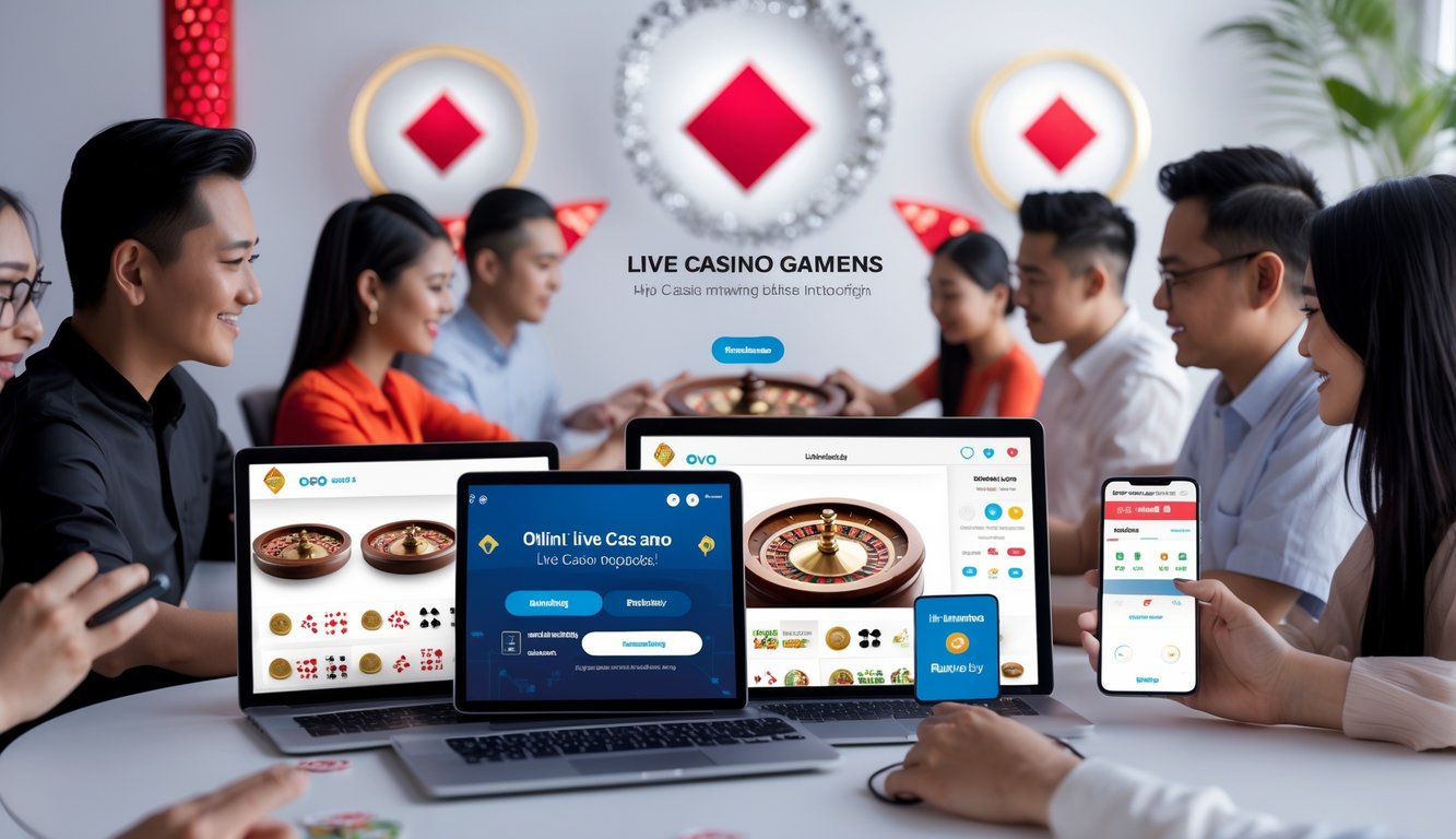 Sejumlah orang menggunakan perangkat digital untuk bermain permainan kasino langsung secara online dengan suasana yang aman dan nyaman.