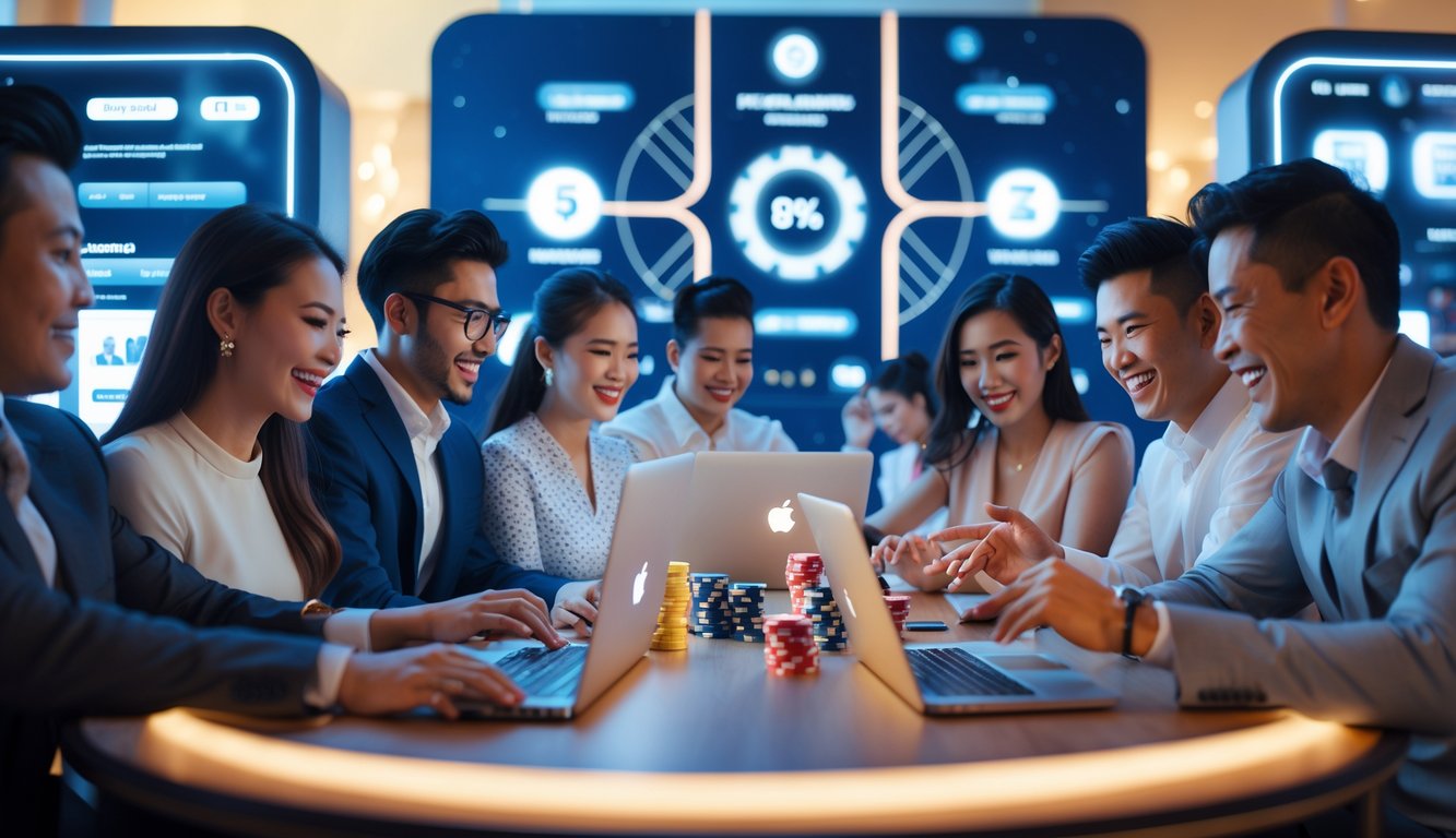 Orang-orang yang bahagia sedang menggunakan laptop dan ponsel untuk bermain kasino online dengan suasana yang cerah dan modern.