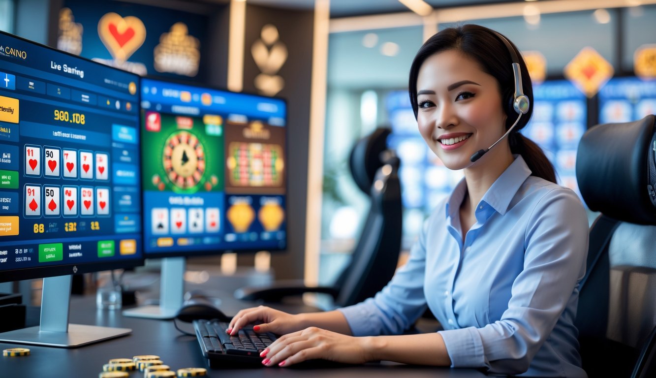 Seorang agen layanan pelanggan sedang bekerja di kantor kasino online dengan beberapa monitor yang menampilkan permainan kasino langsung.