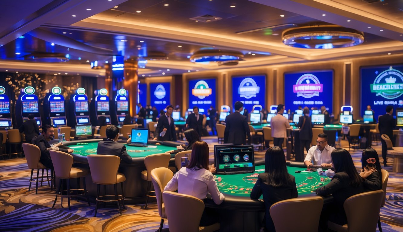 Suasana kasino langsung online di Indonesia dengan dealer profesional dan pemain yang menggunakan perangkat digital untuk bermain.