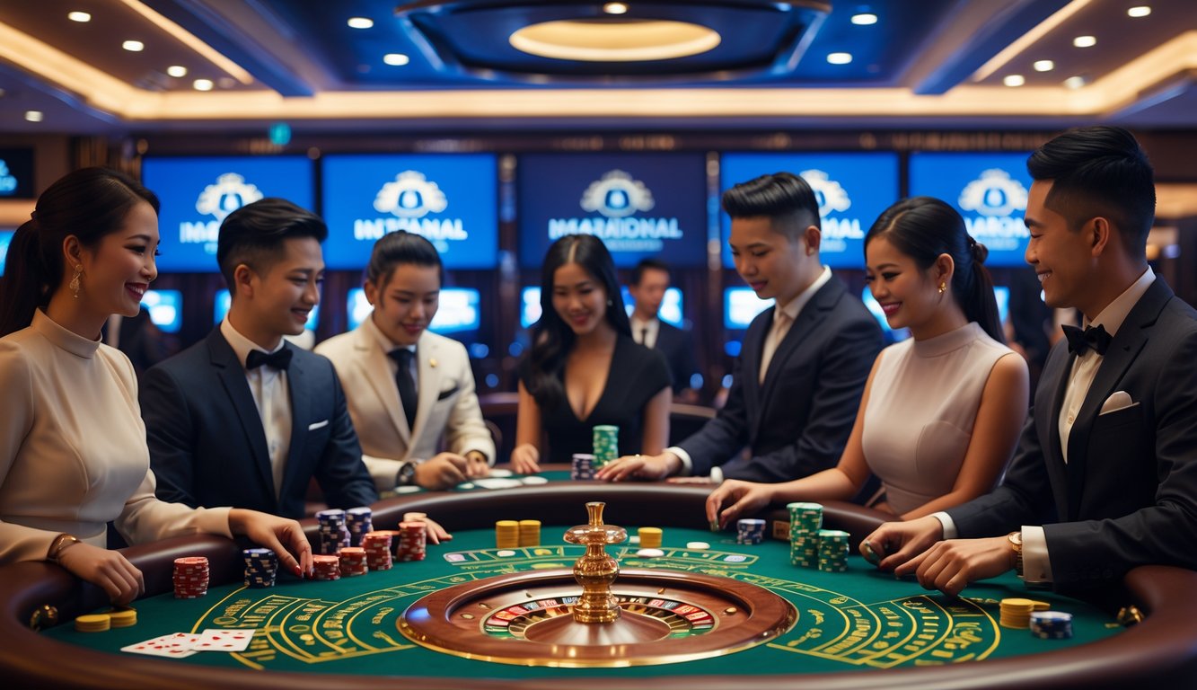 Suasana kasino langsung modern dengan orang-orang bermain di meja kasino yang mewah dan peralatan permainan seperti kartu dan roda roulette.