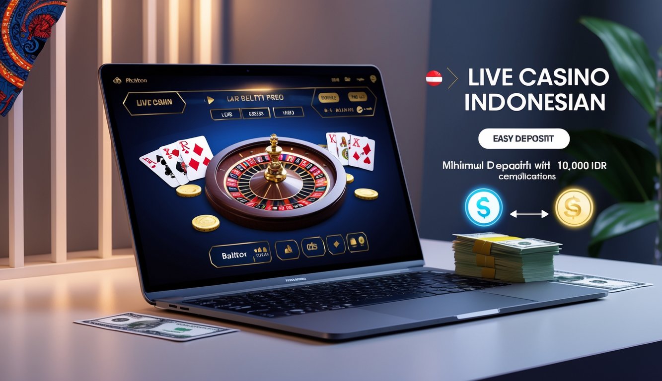 Suasana permainan kasino langsung online dengan perangkat digital dan elemen budaya Indonesia di latar belakang.