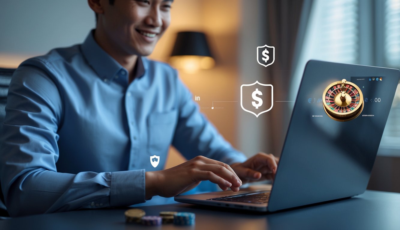 Seorang pria muda Indonesia tersenyum menggunakan laptop di meja yang rapi dengan latar belakang ruangan modern, menampilkan suasana kasino online yang terpercaya dan mudah digunakan.