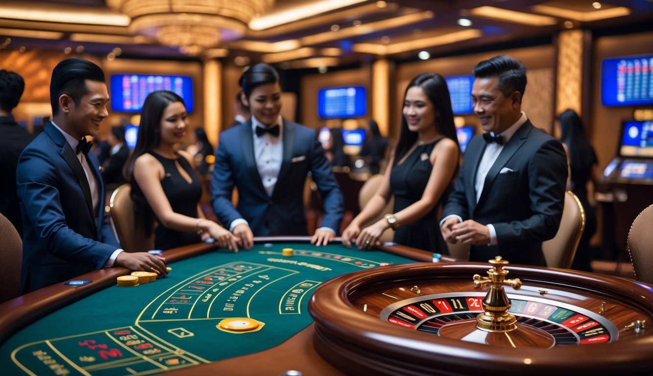 Suasana kasino langsung dengan meja baccarat dan roda roulette serta pemain dan dealer yang sedang bermain.