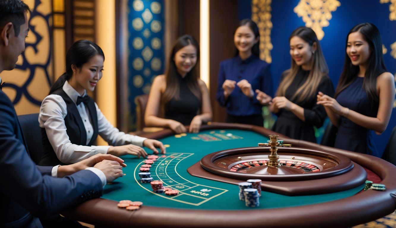 Suasana kasino langsung dengan dealer dan pemain yang sedang bermain baccarat dan roulette di meja kasino.