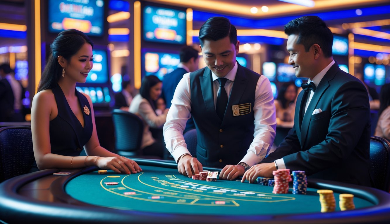 Suasana kasino langsung yang mewah dengan dealer dan pemain di meja permainan, menampilkan lingkungan yang aman dan terpercaya.