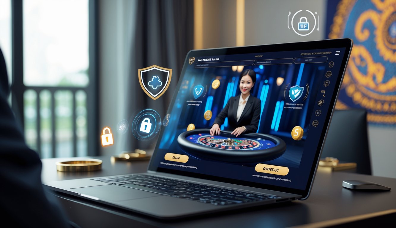 Seorang dealer live casino sedang bermain di layar laptop dengan latar belakang yang menampilkan simbol keamanan dan motif batik Indonesia.