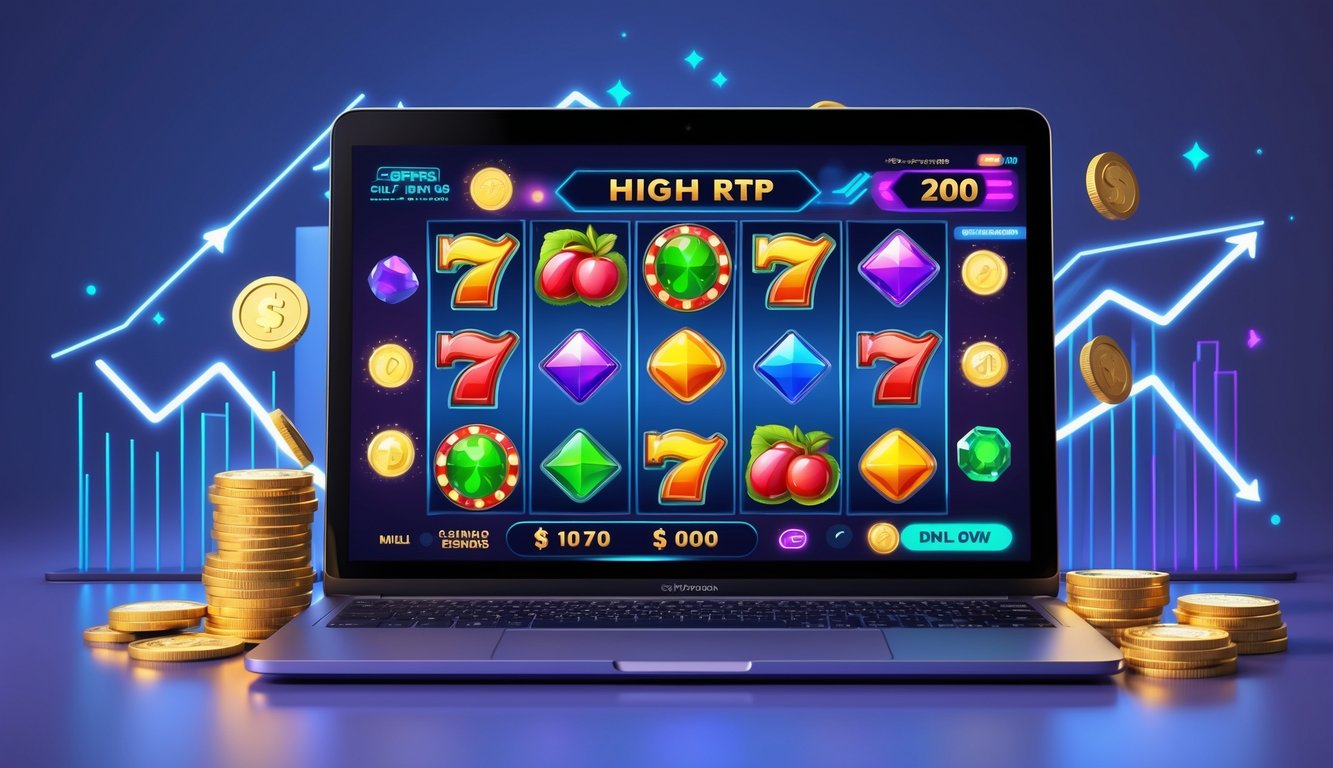 Sebuah layar komputer menampilkan permainan slot online dengan gulungan berwarna-warni dan koin serta chip kasino di sekitarnya.