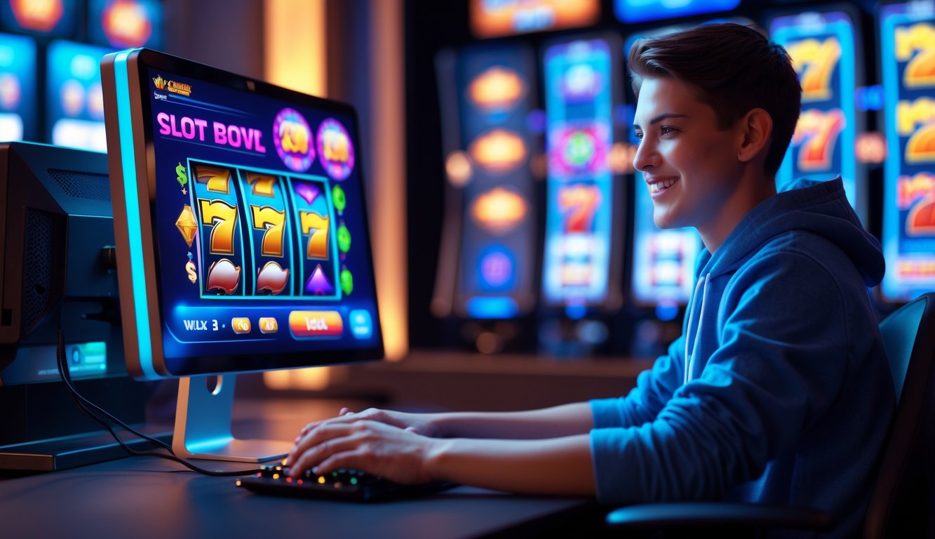Seseorang muda sedang bermain mesin slot di depan komputer dengan ekspresi senang dan fokus.