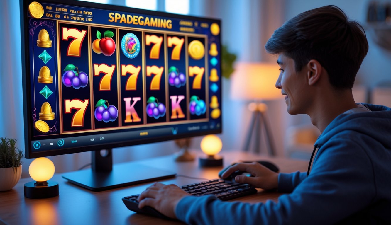 Seorang pemain muda sedang bermain mesin slot online di komputer dengan layar menampilkan grafik permainan slot berwarna-warni.