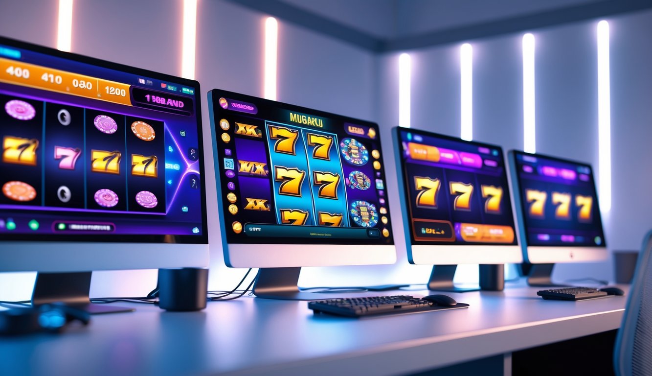 Sebuah meja kerja modern dengan beberapa monitor menampilkan permainan slot online yang berwarna-warni dan suasana kemenangan.