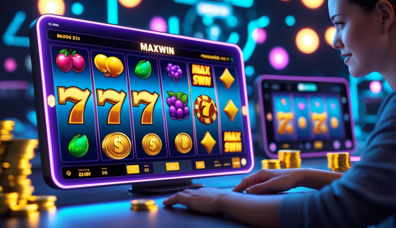 Seorang pengguna berinteraksi dengan permainan slot online di layar digital dengan gulungan berwarna-warni dan simbol keberuntungan, menampilkan suasana kemenangan dan teknologi modern.