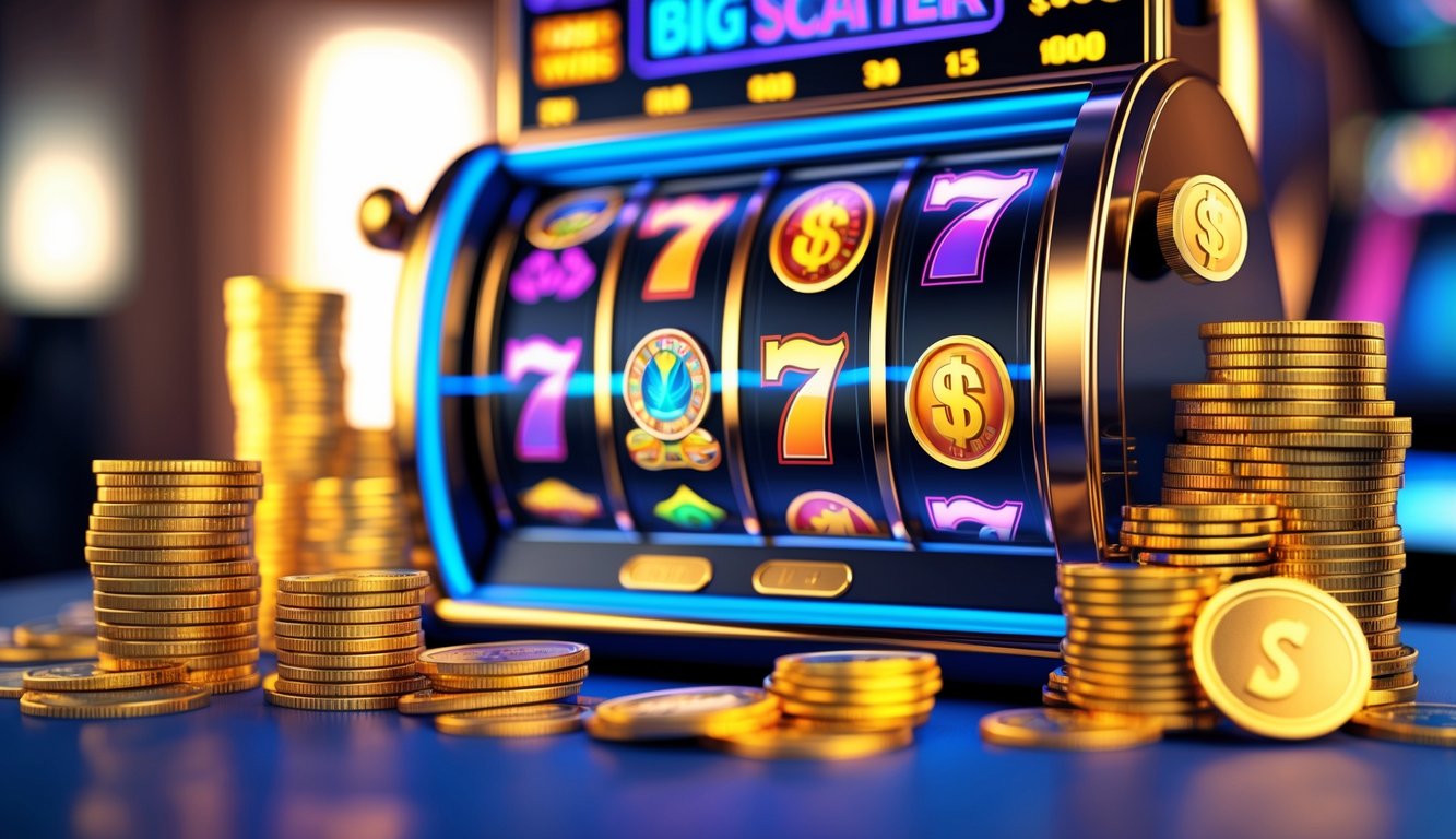 Mesin slot modern dengan koin emas dan chip kasino di sekitarnya, menampilkan suasana kemenangan besar dan simbol scatter yang melimpah.