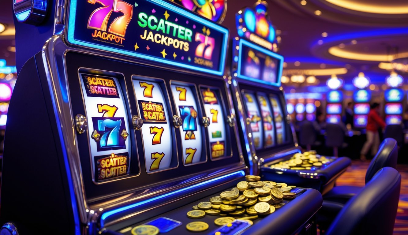 Mesin slot Spadegaming modern dengan simbol jackpot dan scatter yang berwarna-warni di dalam kasino yang ramai.