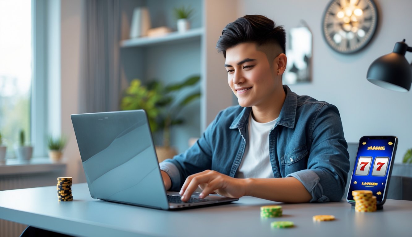 Seseorang duduk di meja dengan laptop, fokus bermain permainan slot online di ruang kerja yang terang dan rapi.
