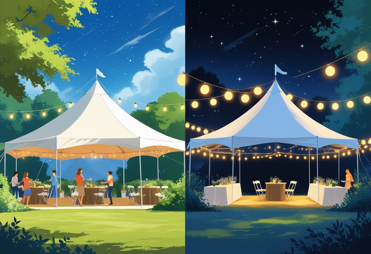 Side-by-side view of two tents, one set up in daylight with open sides and natural light, and the other at night with warm lighting and closed sides under a starry sky.