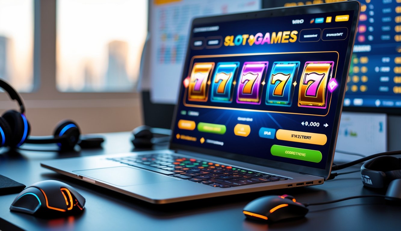 Seorang pemain fokus menggunakan laptop dengan tampilan permainan slot online di meja kerja yang rapi.