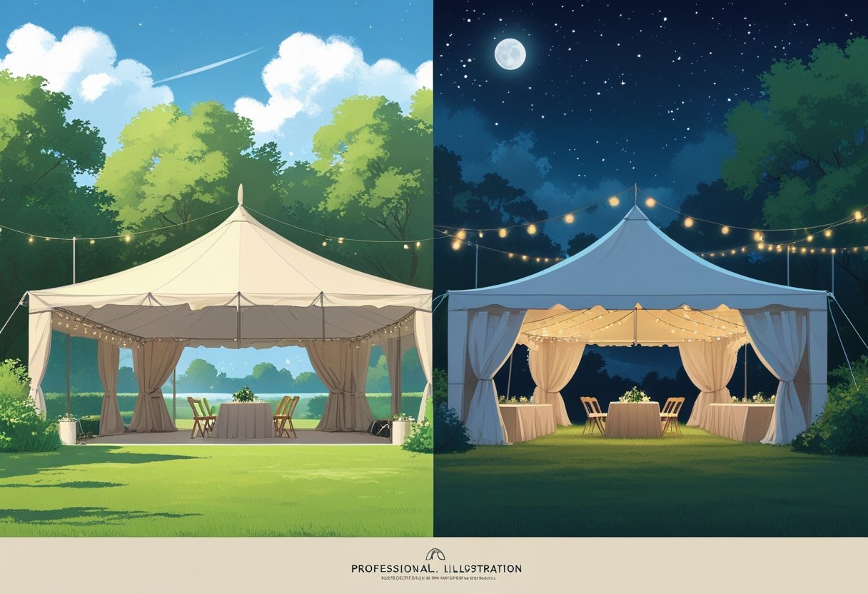 Side-by-side view of two tents set up outdoors, one in daylight with open sides and the other at night with enclosed sides and warm lighting.