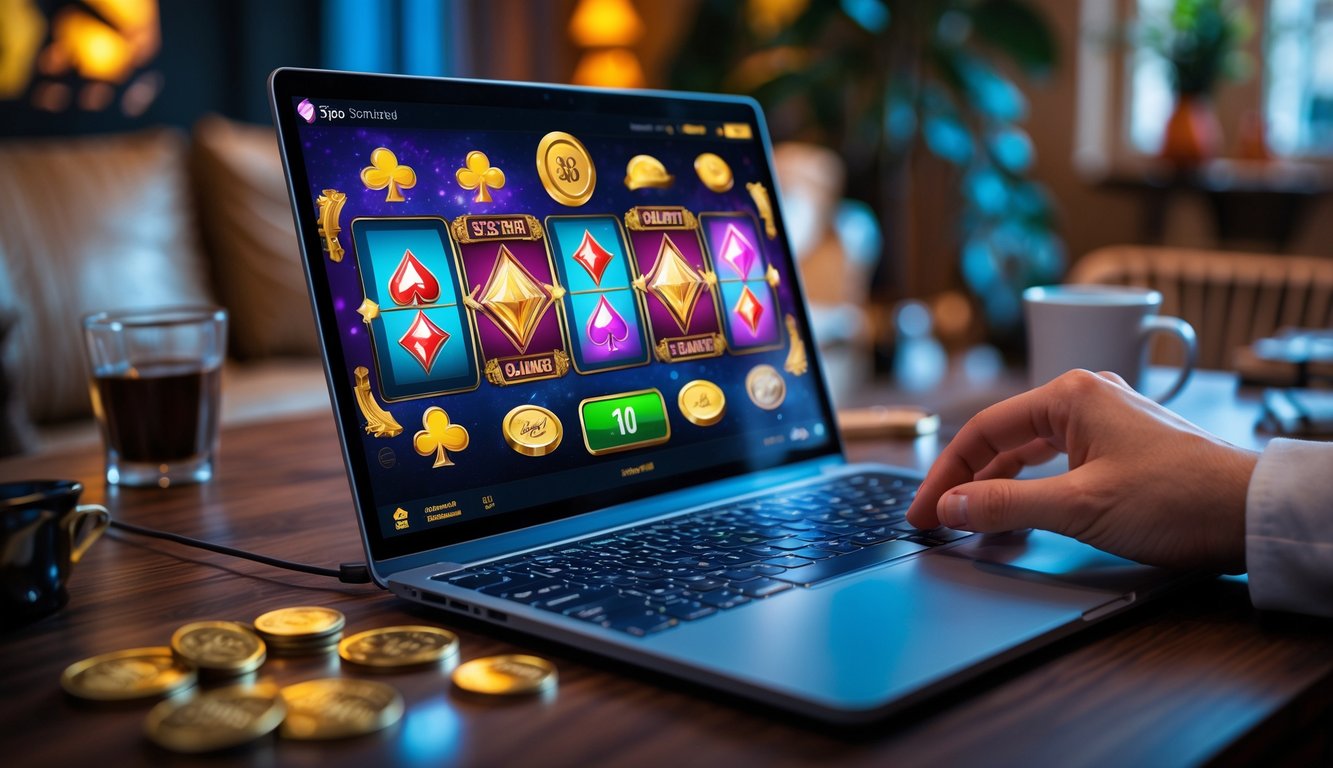 Seseorang sedang bermain permainan slot online di komputer dengan latar ruangan yang nyaman dan pencahayaan terang.