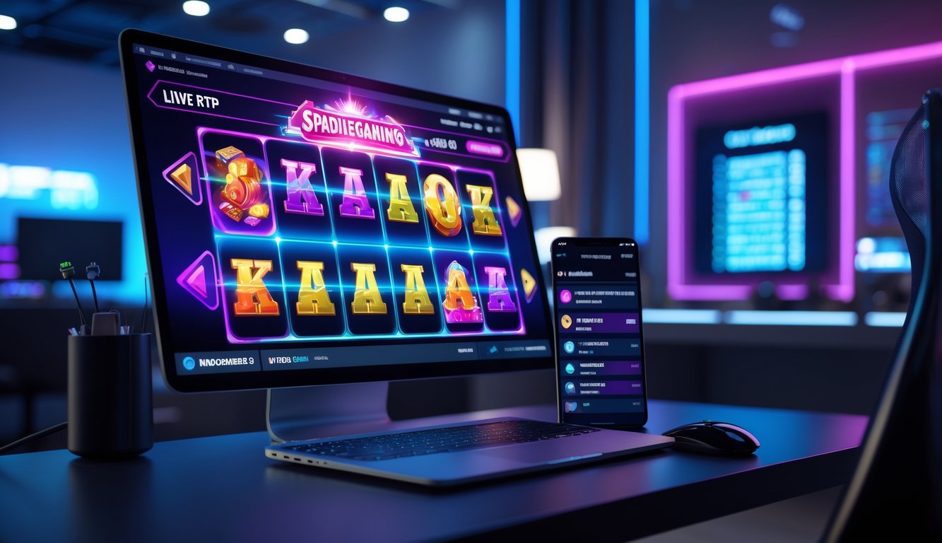 Sebuah ruangan modern dengan komputer yang menampilkan permainan slot online berwarna-warni dan grafik yang menarik, menunjukkan suasana bermain game slot yang resmi dan terpercaya.